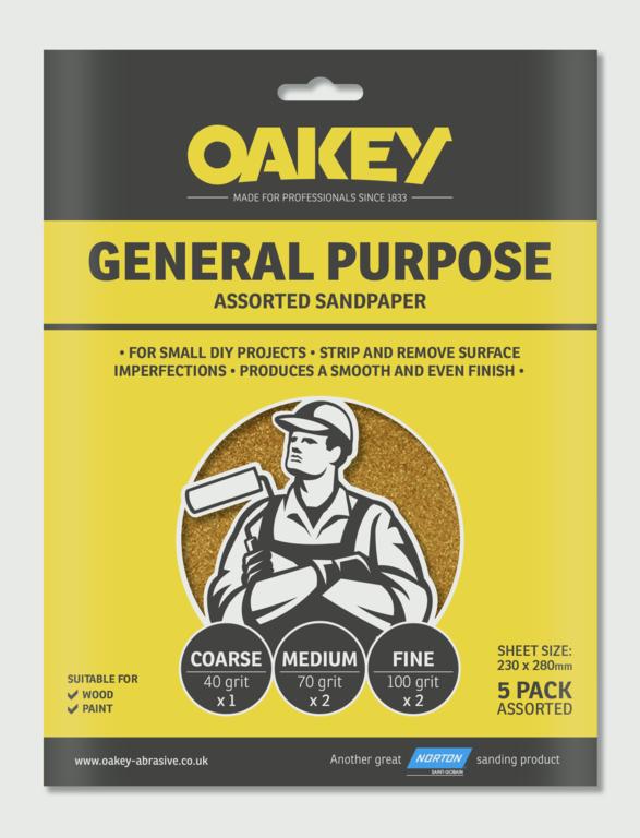 Oakey General Purpose Sandpaper 5 Pack Assorted - (1 x C, 2 x M, 2 x F) 280 x 230mm