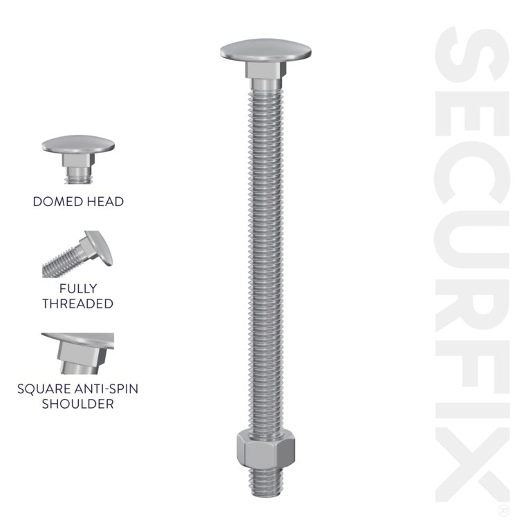 Securfix Carriage Bolts With Hex Nuts M12 x 5 15/16"-M12 x 150mm | Pack of 50