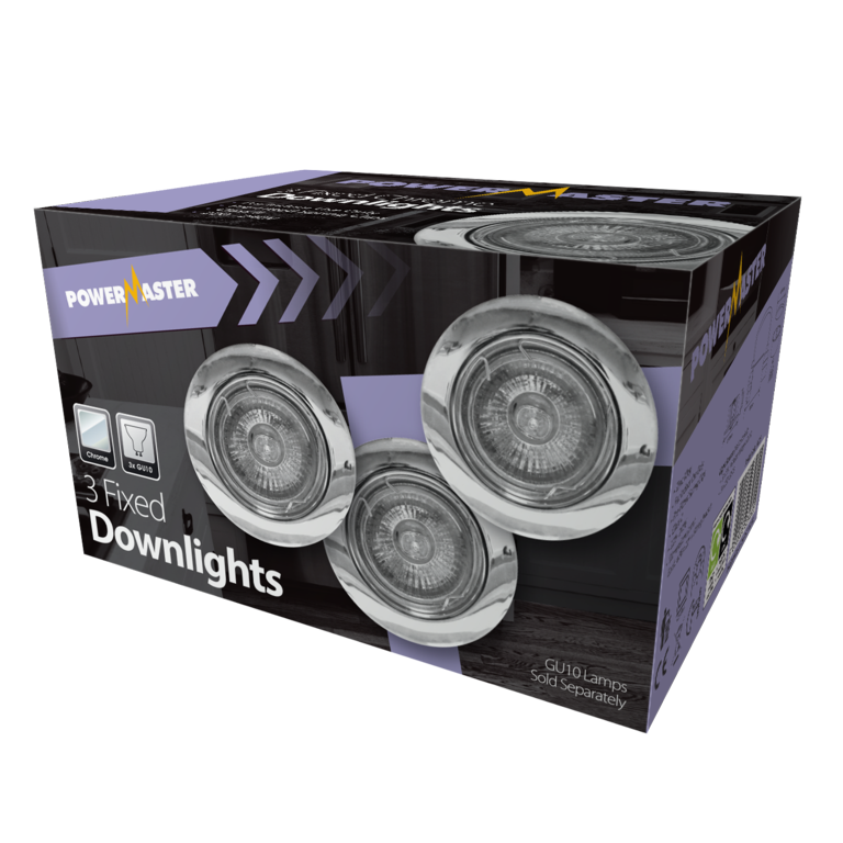 Powermaster 3 Pack Fixed GU10 Downlights Chrome