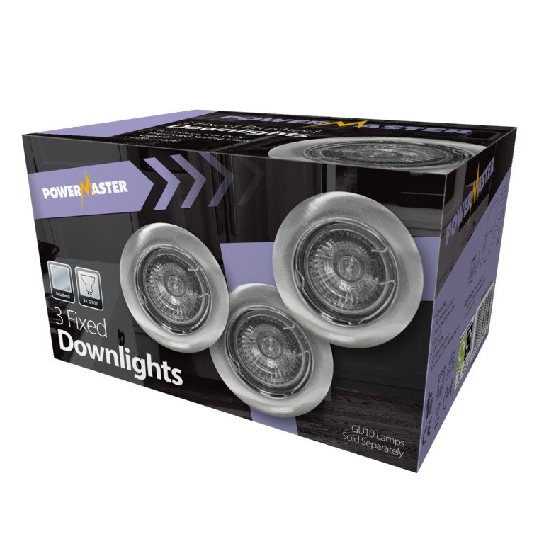 Powermaster 3 Pack Fixed GU10 Downlights Brushed Chrome