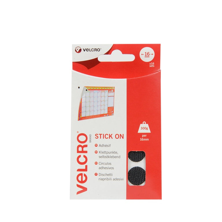 VELCRO® Stick On Coins 16mm x 16 Sets Black