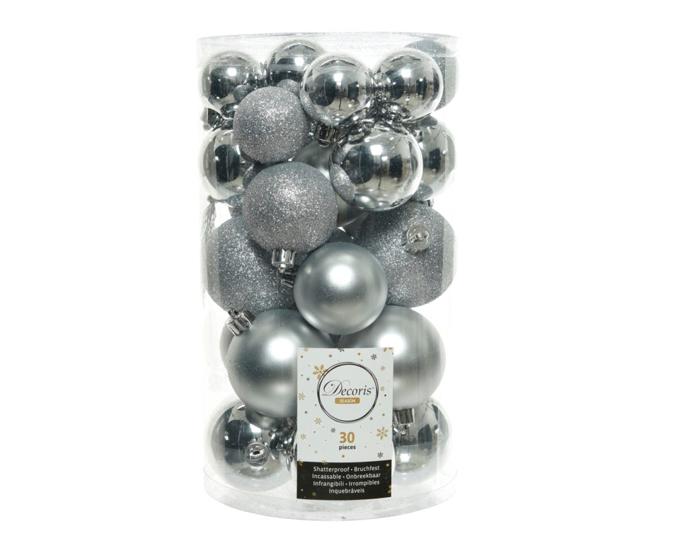 Kaemingk Shatterproof Baubles Mixed Pack 30 Silver 40/50/60mm