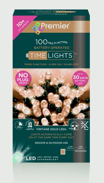 Premier 100 LED Multi Action Battery Operated TIMELIGHTS™ Vintage Gold/Green Cable