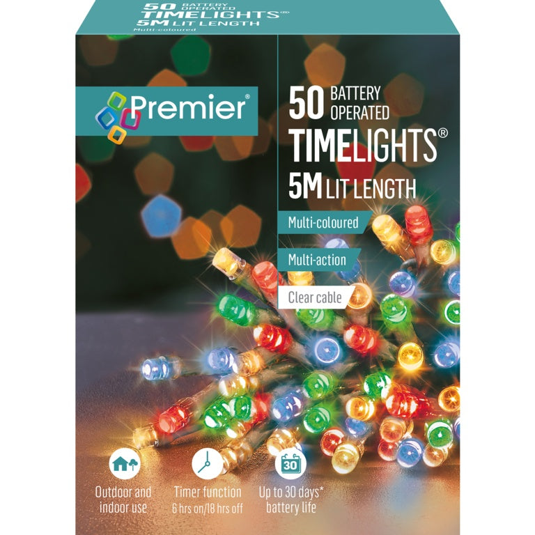 Premier 50 LED Multi Action Battery Operated TIMELIGHTS Multi-Coloured Clear Cable