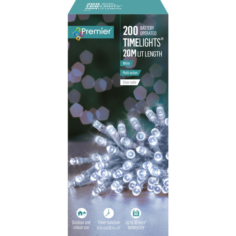 Premier 200 LED Multi Action Battery Operated TIMELIGHTS™ White/Clear Cable