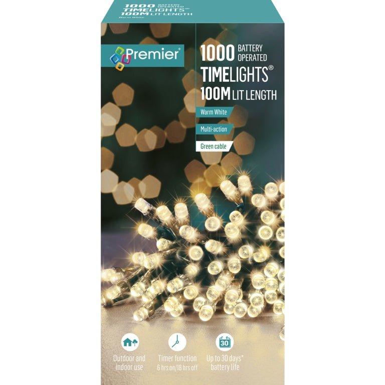 Premier 1000 LED Multi Action Battery Operated TIMELIGHTS™ Warm White/Green Cable