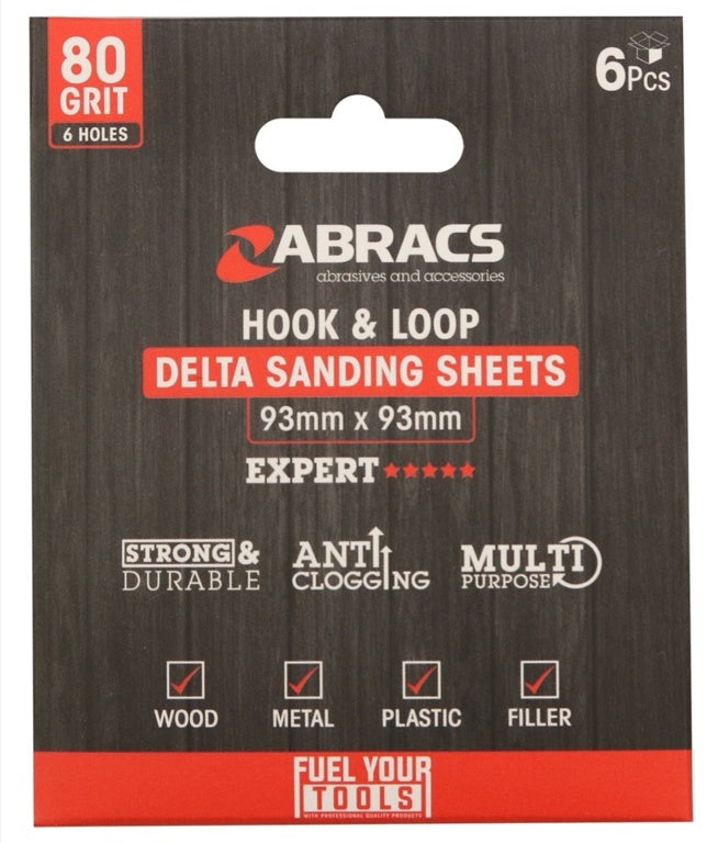 Abracs Hook & Loop Delta Sanding Sheets Pack 6 93mm x 93mm x 60g