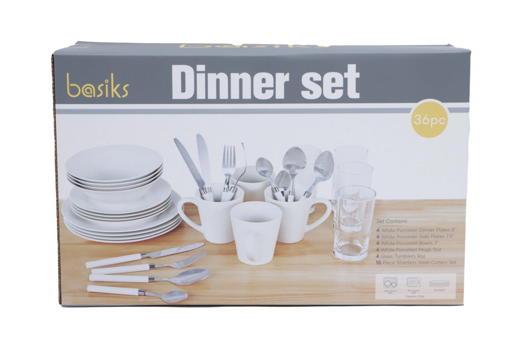 Basiks White Porcelain Dinner Set 36 Piece