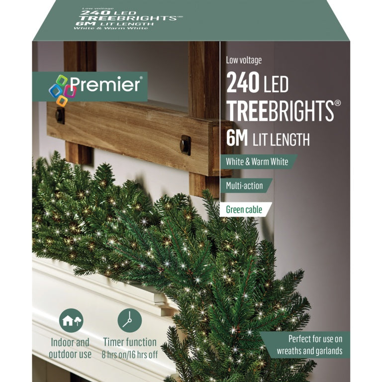 Premier 240 LED Multi Action Treebrights With Timer White & Warm White/Green Cable