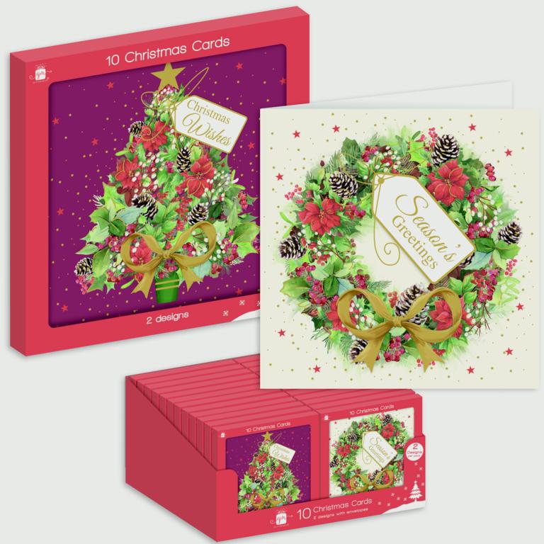Giftmaker Square Tree Wreath Christmas Cards Pack 10