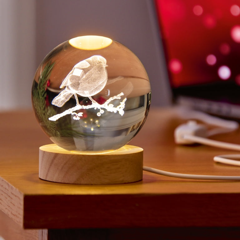 Premier USB Lit 3D Etched Glass Ball With Robin 8cm