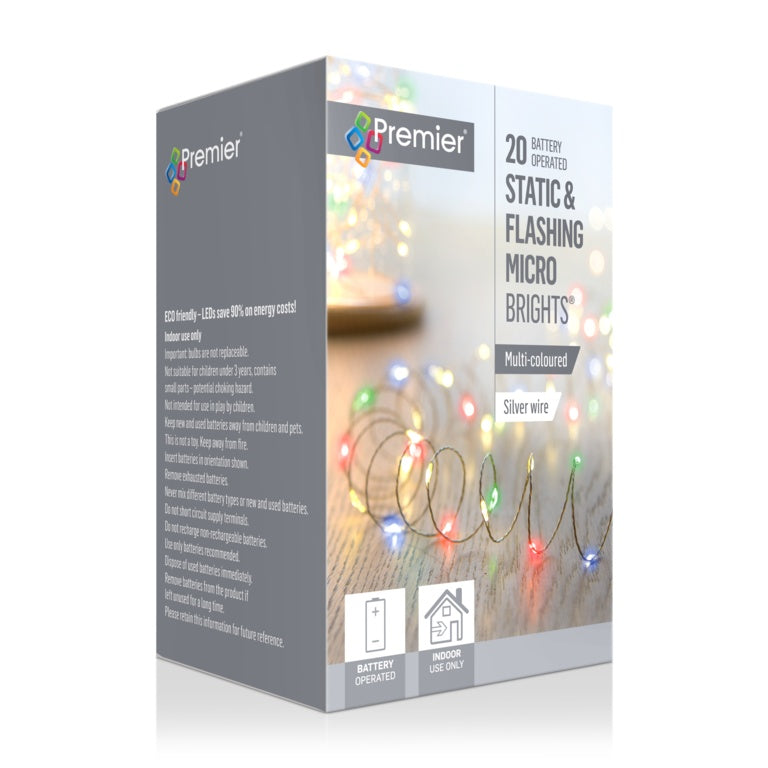 Premier 20 LED Static & Flashing Microbrights Multi Coloured/Silver Wire