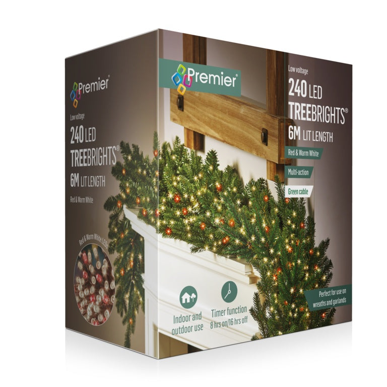 Premier 240 LED Multi Action Treebrights With Timer Red/Warm White- Green cable