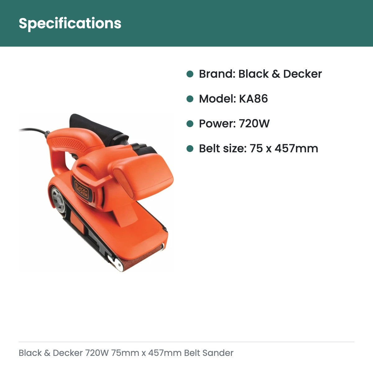 Black & Decker 720W 75mm x 457mm Belt Sander - specifications