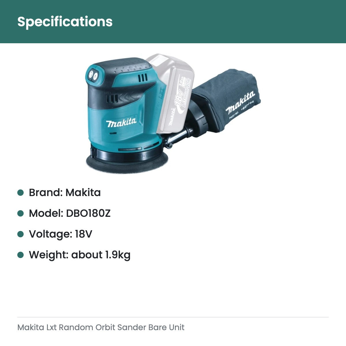 Makita Lxt Random Orbit Sander Bare Unit - specifications