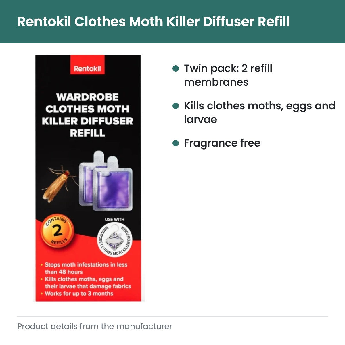 Rentokil Clothes Moth Killer Diffuser Refill Twin Pack (FW103) - key features
