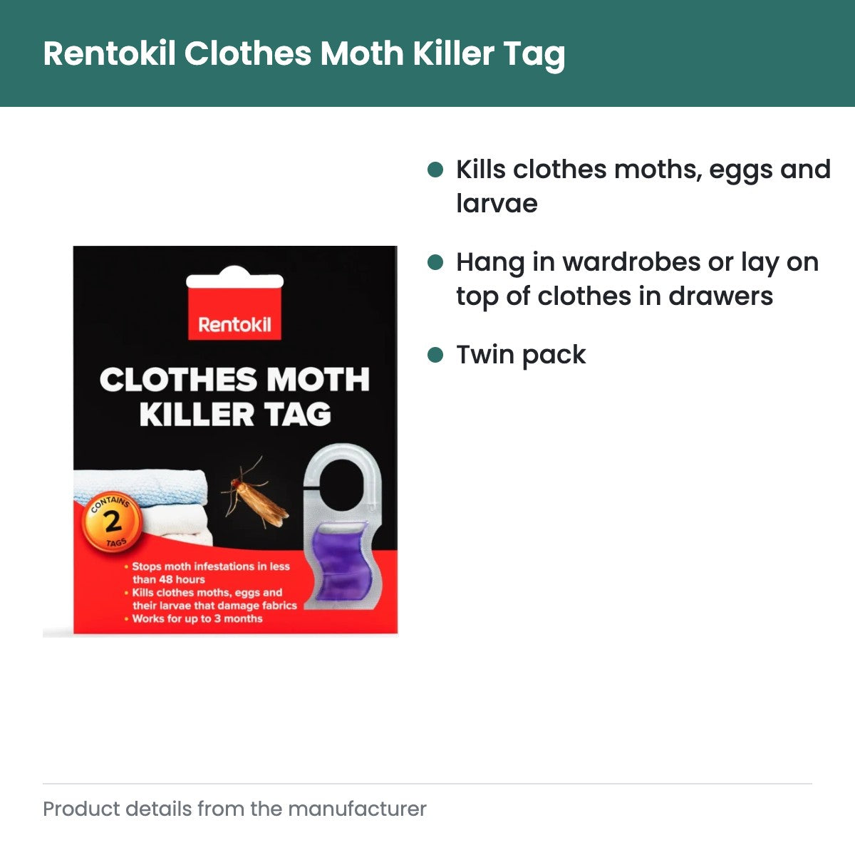 Rentokil Clothes Moth Killer Tag - key features
