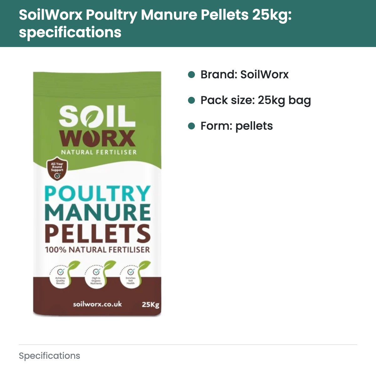 Soilworx Poultry Manure Pellets 25kg Bag - specifications