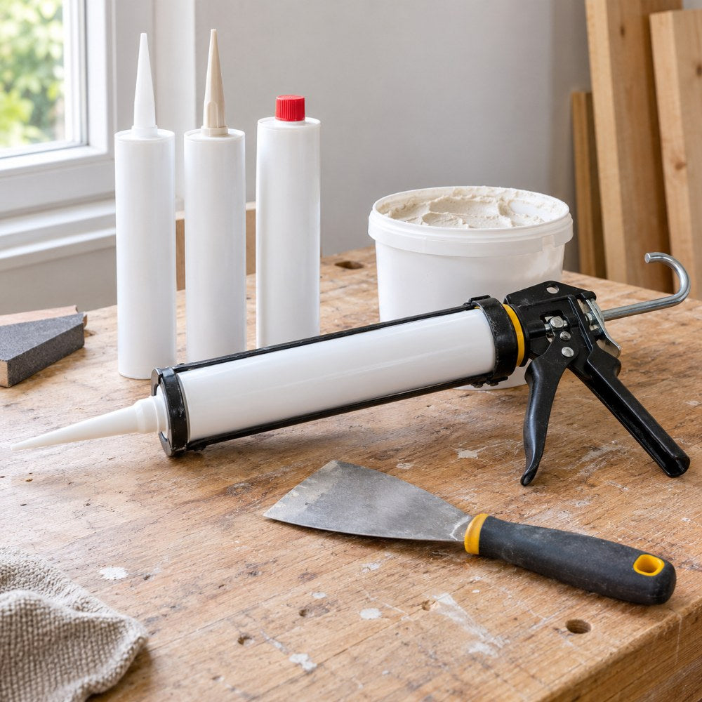 A sealant gun loaded with a white cartridge, plain tubes of adhesive, a tub of filler and a filling knife on a workbench