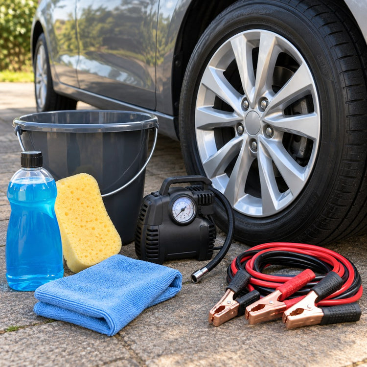 A car sponge and bucket, a plain bottle of car shampoo, a tyre inflator, jump leads and a microfibre cloth beside a clean car wheel