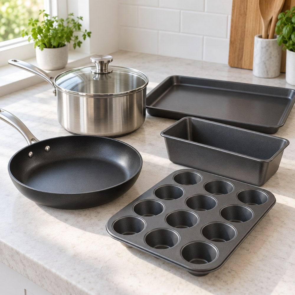 A non-stick frying pan, a saucepan with a glass lid, a baking tray, a loaf tin and a muffin tray on a kitchen worktop