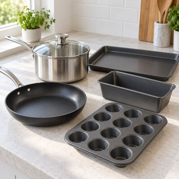 A non-stick frying pan, a saucepan with a glass lid, a baking tray, a loaf tin and a muffin tray on a kitchen worktop