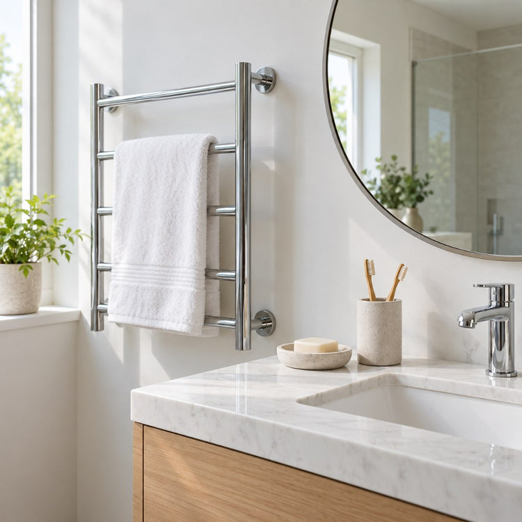 A chrome towel rail with a folded towel, a soap dish, a toothbrush holder and a round mirror in a bright bathroom