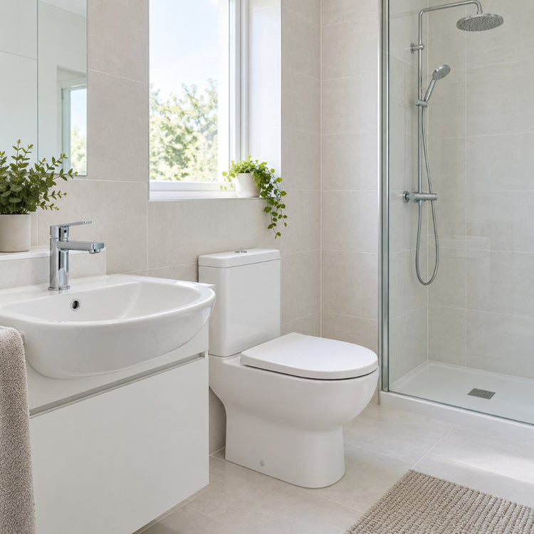 A white ceramic basin with a chrome mixer tap, a white toilet seat and a chrome shower head in a bright tiled bathroom