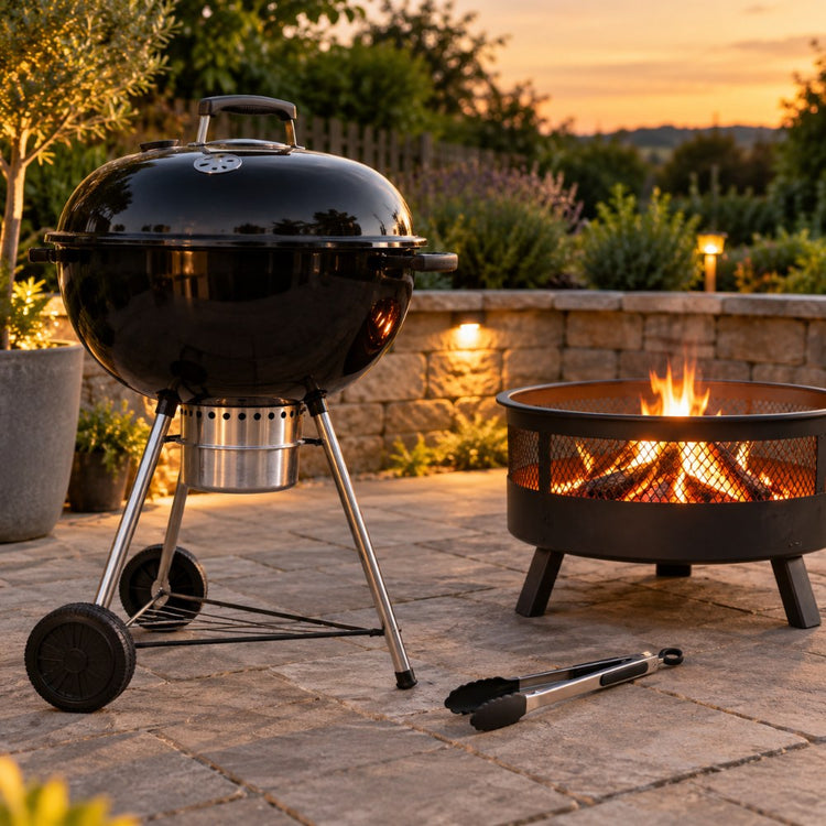 A charcoal kettle barbecue with tongs and a fire pit on a stone patio in evening light