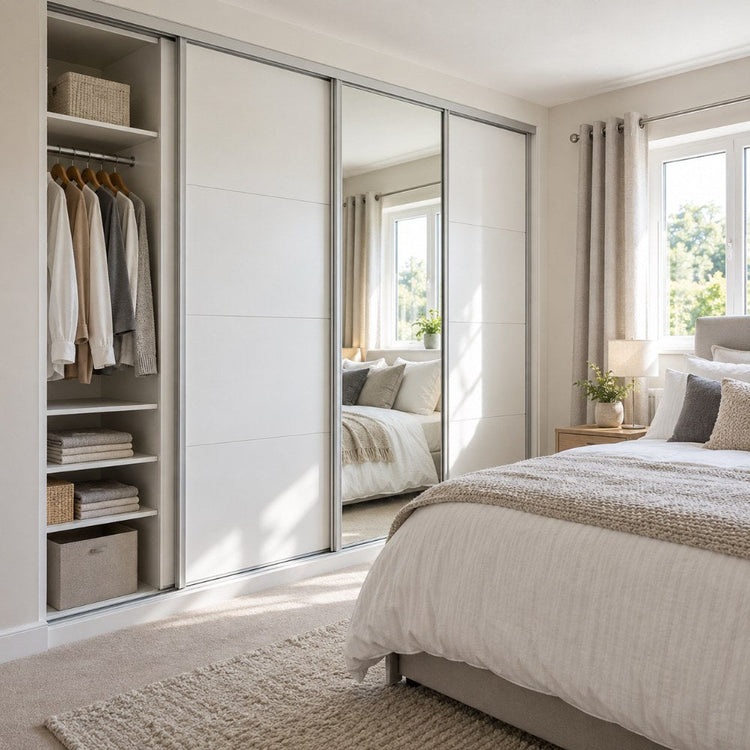 Bedroom with a fitted sliding-door wardrobe beside a made bed