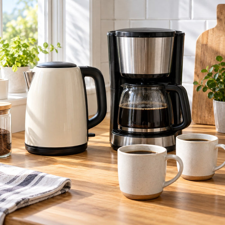 A plain unbranded kettle and a filter coffee machine with two mugs on a wooden kitchen worktop in morning light