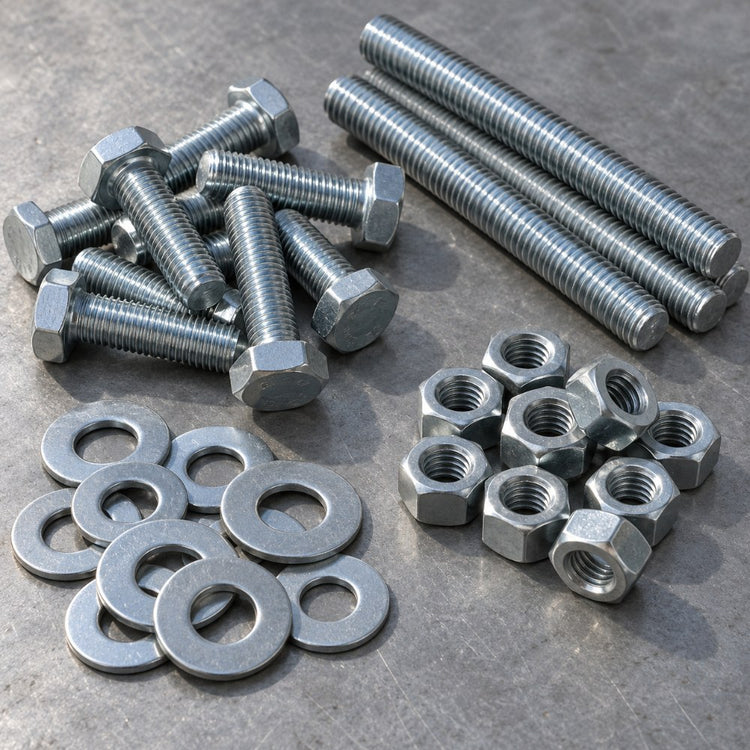 Steel hex bolts, nuts, washers and lengths of threaded rod grouped in small piles on a grey metal surface