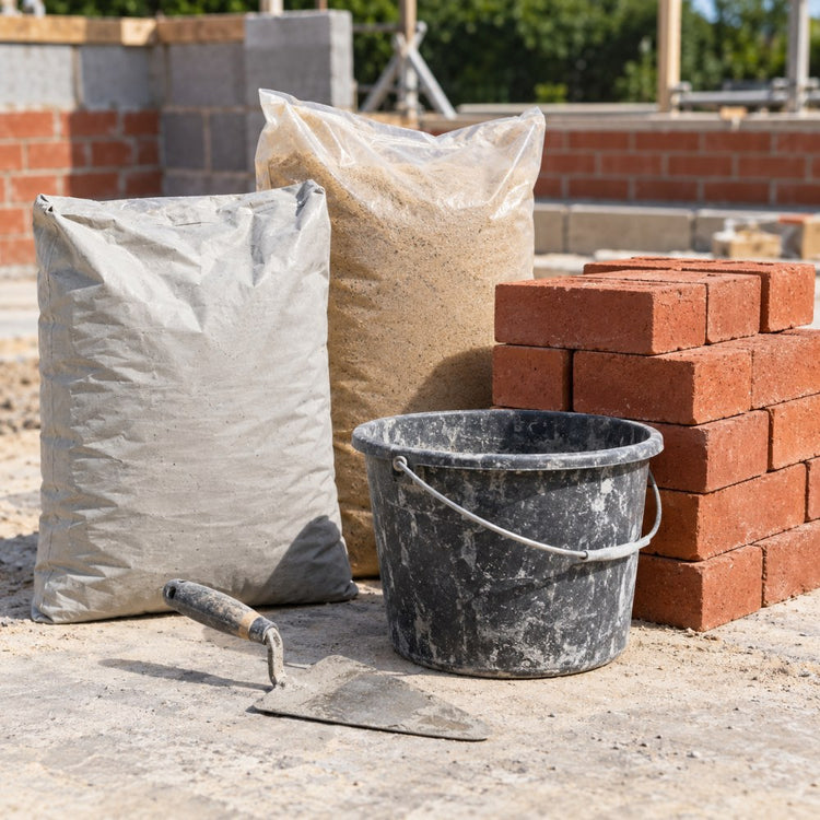 Plain unlabelled bags of cement and sand, a stack of bricks, a bucket and a trowel on a building site floor