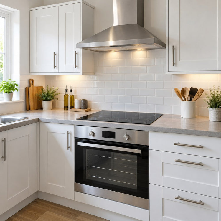 A built-in stainless steel oven and a black ceramic hob with a cooker hood in a modern white fitted kitchen