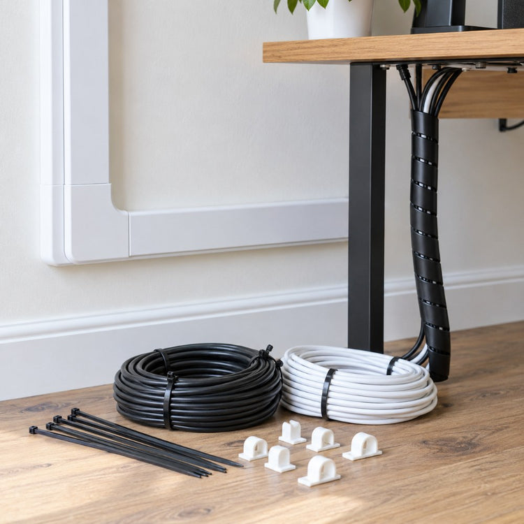Coiled cables held with cable ties, white trunking on a wall, cable clips and a cable tidy sleeve under a desk