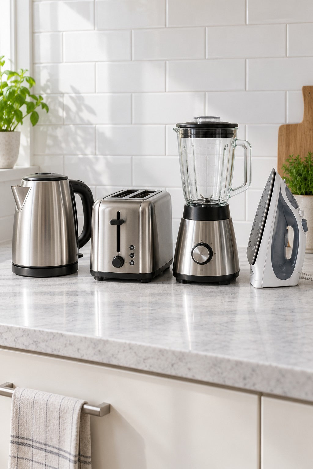 Kettle, toaster, blender and steam iron on a kitchen worktop