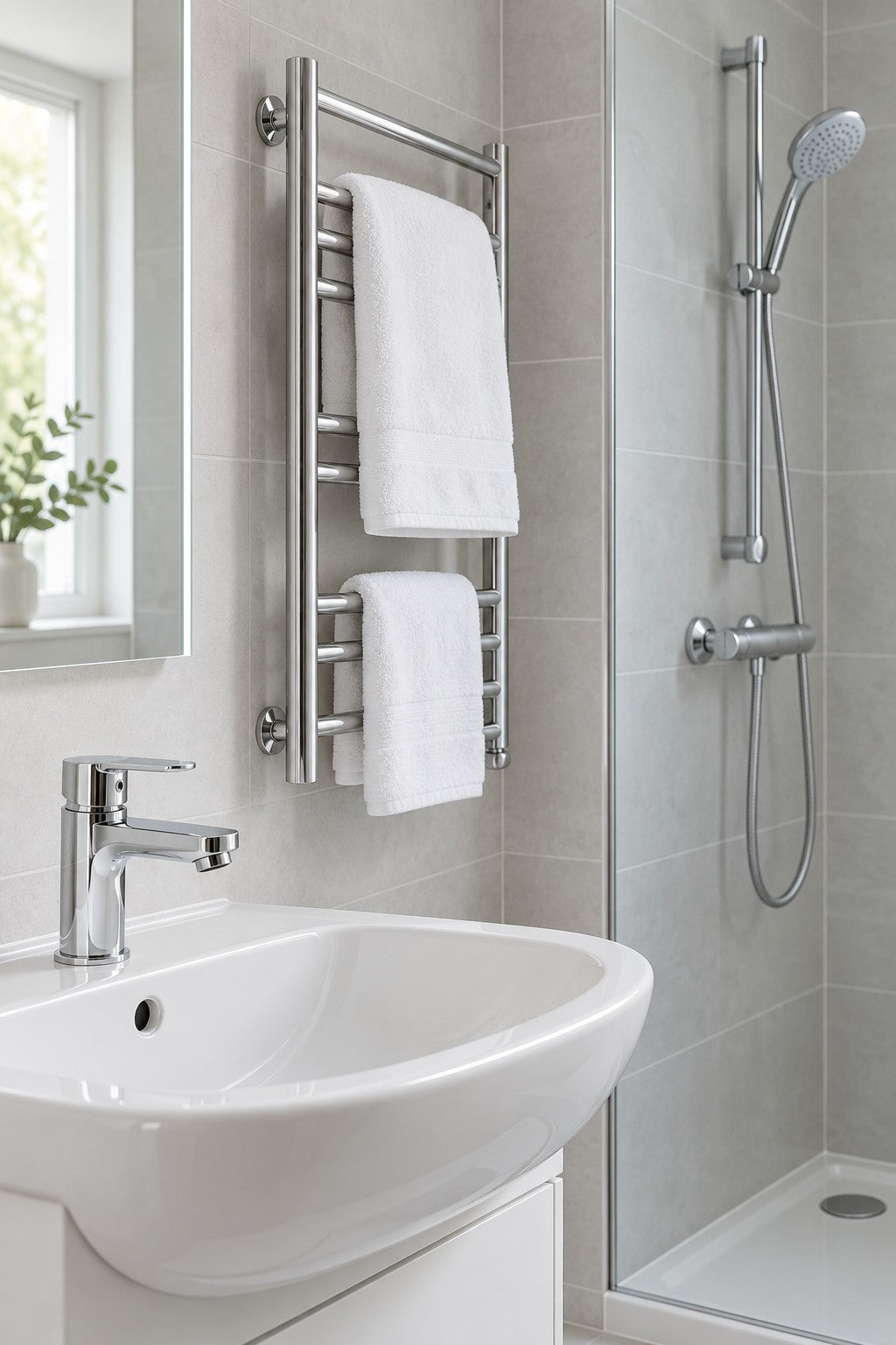 Chrome basin tap, towel rail with white towels and shower on a rail