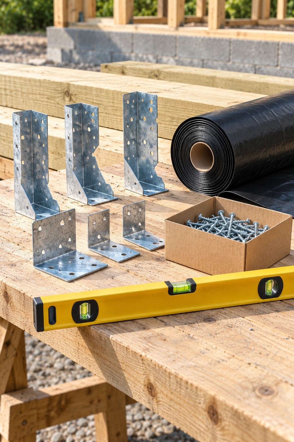 Joist hangers, damp proof membrane, screws and a spirit level on sawn timber