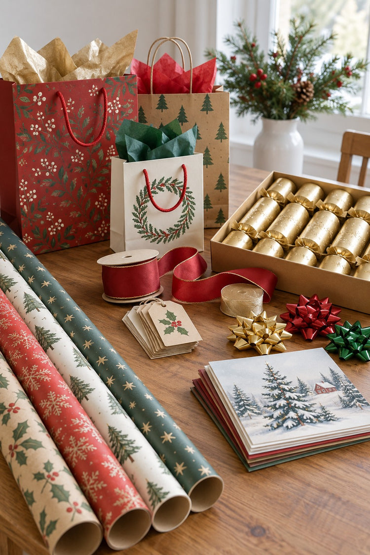 Christmas wrapping paper, gift bags, cards and a box of gold crackers
