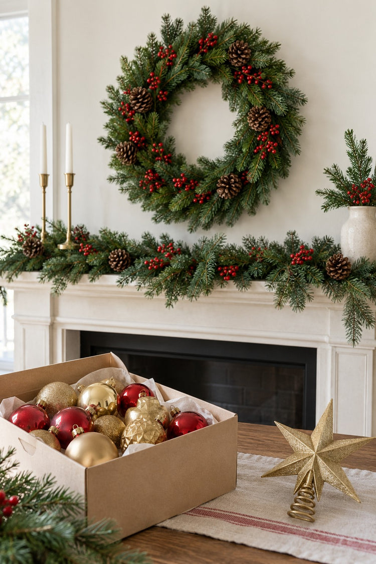 Christmas wreath, mantelpiece garland and a box of gold and red baubles