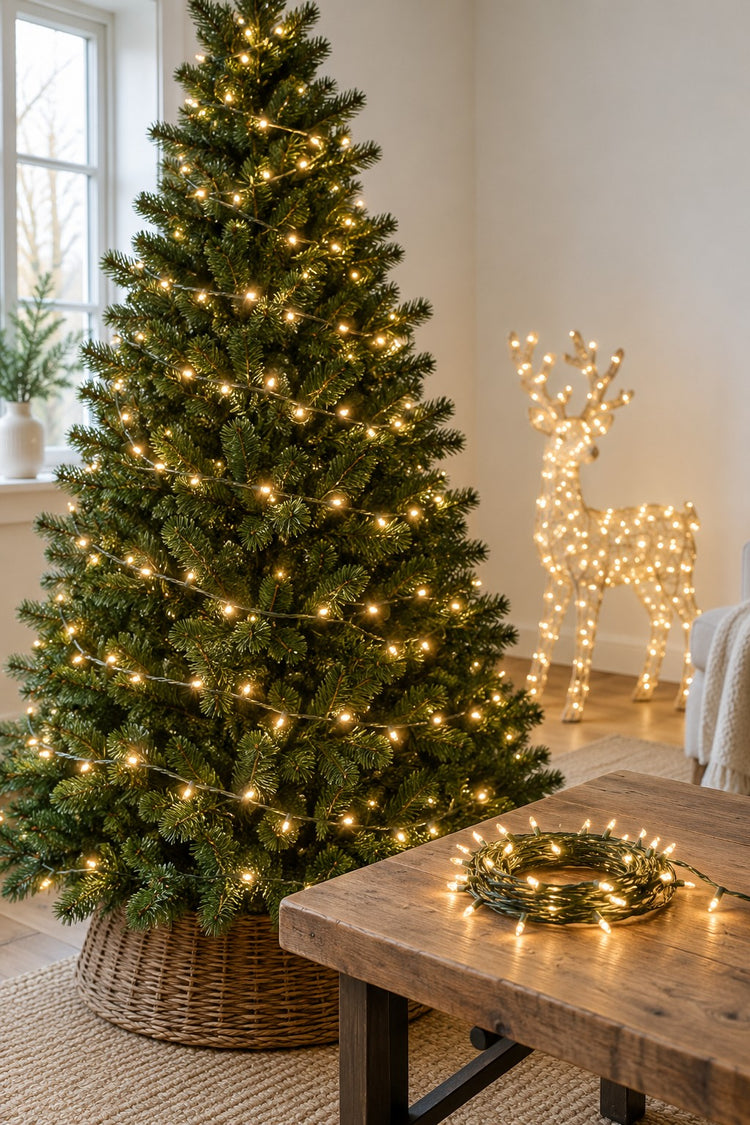 Warm white LED lights on a Christmas tree with a lit reindeer figure