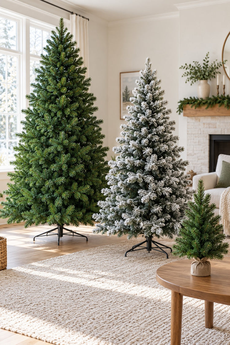 Green and snow-tipped artificial Christmas trees in a living room