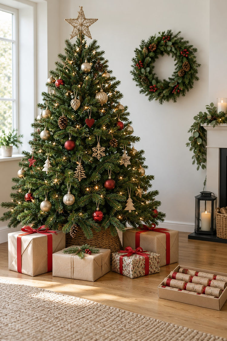 Decorated Christmas tree with a wreath and wrapped presents