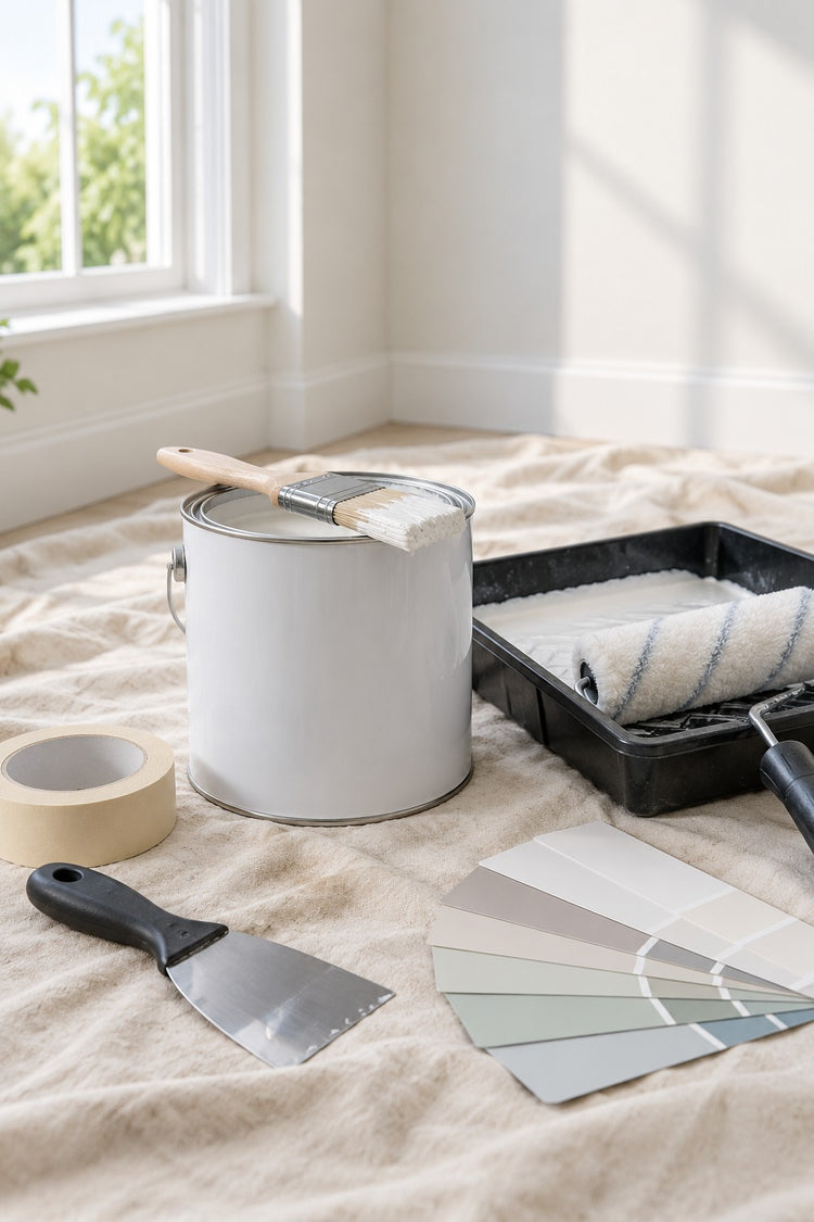 Tin of white paint with brush, roller and tray, filling knife and masking tape on a dust sheet