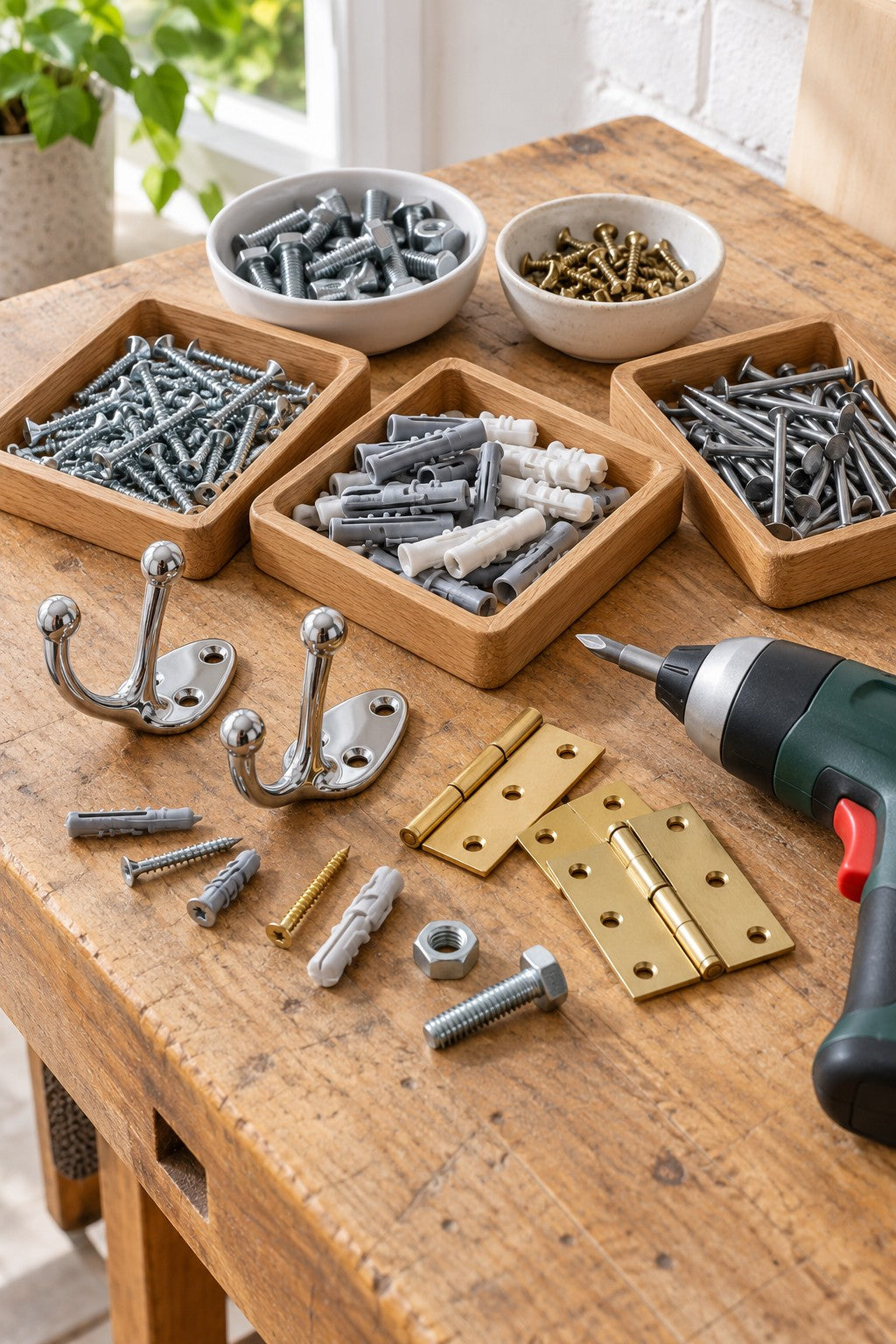 Screws, nails, wall plugs, hinges and coat hooks on a workbench