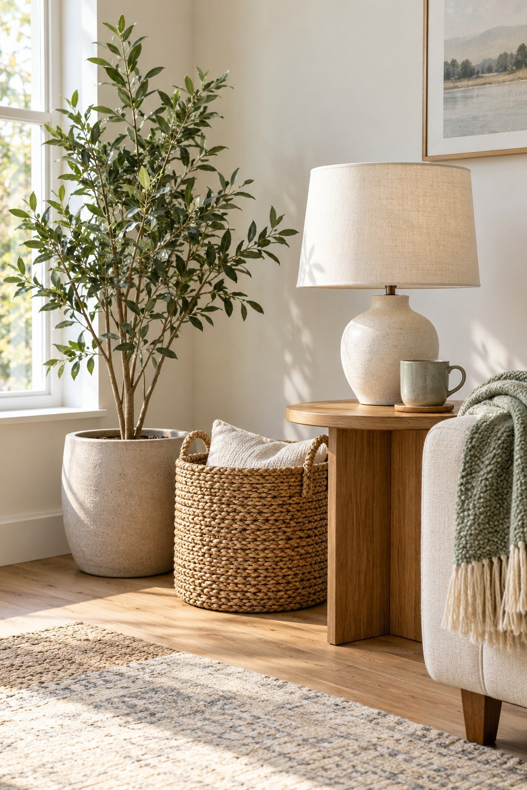 Living room corner with a plant, woven storage basket, table lamp and throw