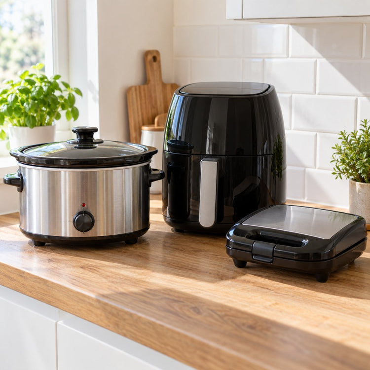 A plain unbranded slow cooker, an air fryer and a sandwich toaster on a kitchen worktop