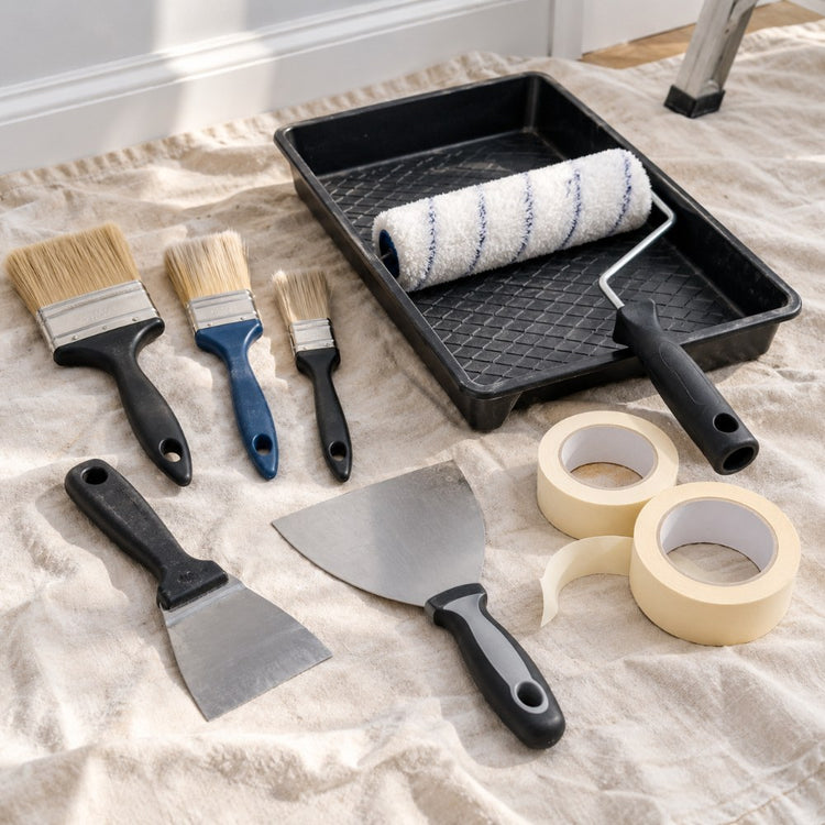 Paintbrushes of several sizes, a roller and tray, a scraper, a filling knife and rolls of masking tape on a dust sheet