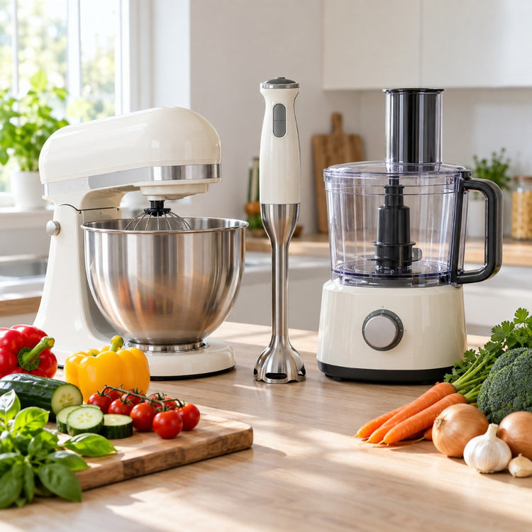 A plain unbranded stand mixer, a hand blender and a food processor on a kitchen worktop with fresh vegetables beside them