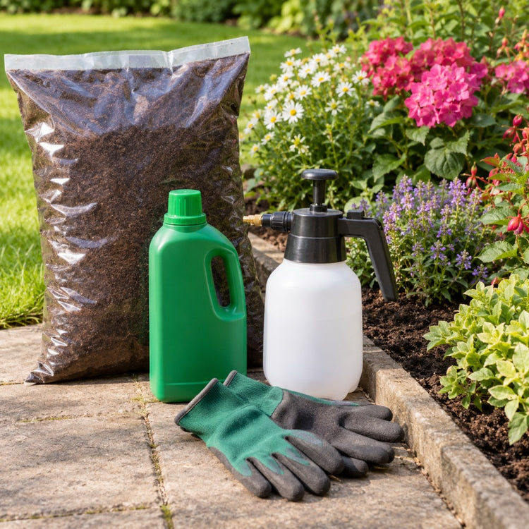 A plain bag of compost, a plain bottle of plant feed, a hand sprayer and a pair of gardening gloves beside a flower bed